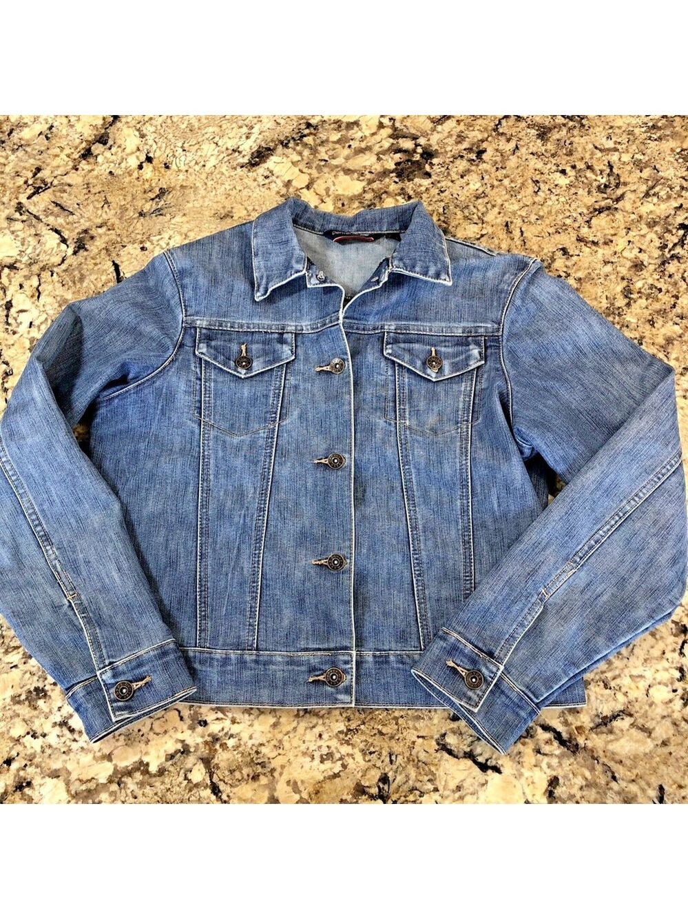 Size M Denver Hayes Womens Denim Jean Jacket Short Button Up Breast Pockets CN